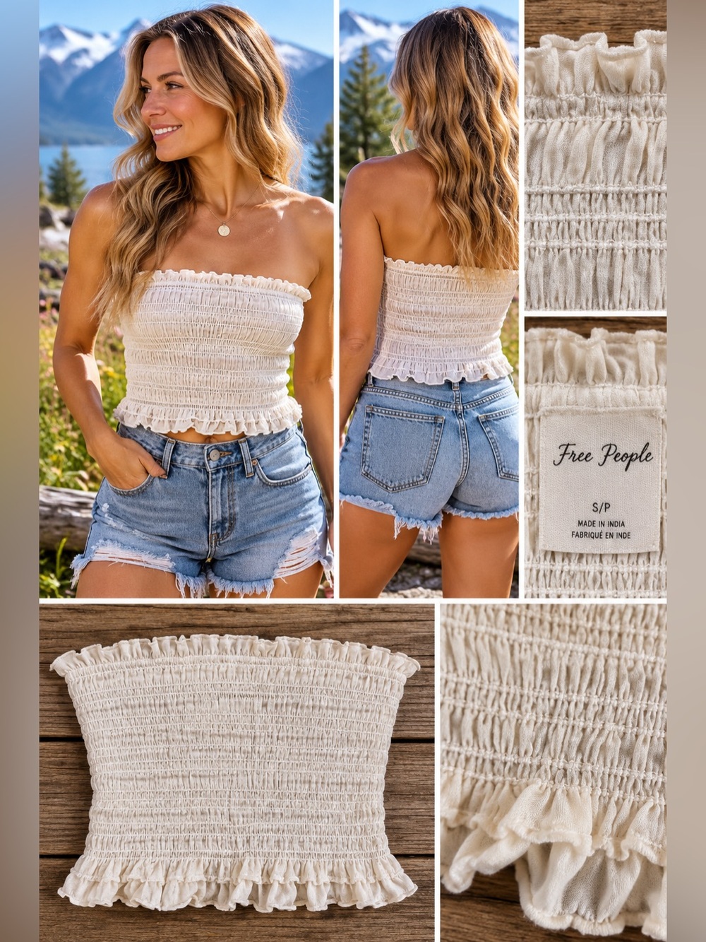 Free People Cream Smocked Strapless Top with Ruffle Trim Like New
